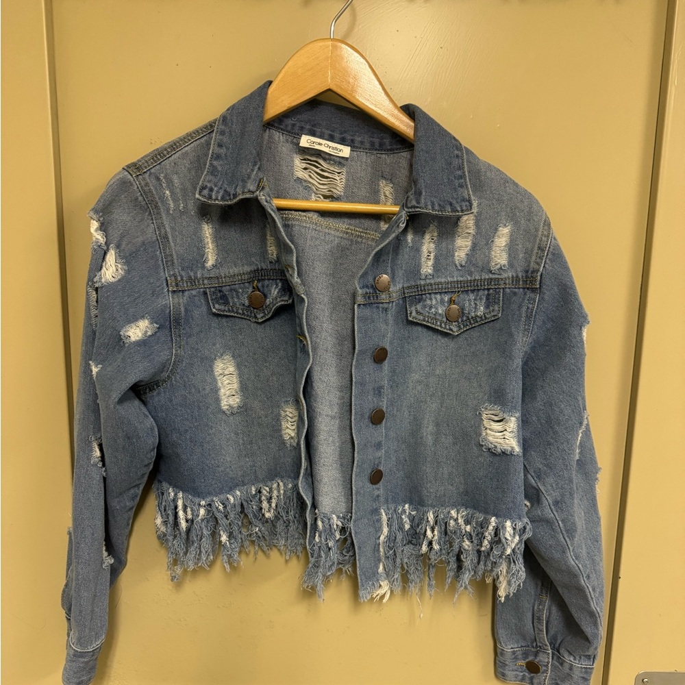 Boutique Distressed Cropped Denim Jacket